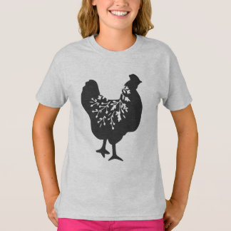 花柄のニワトリのシルエット ニワトリ Tシャツ