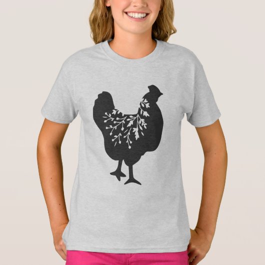 花柄のニワトリのシルエット ニワトリ Tシャツ (正面)