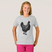 花柄のニワトリのシルエット ニワトリ Tシャツ (正面フル)