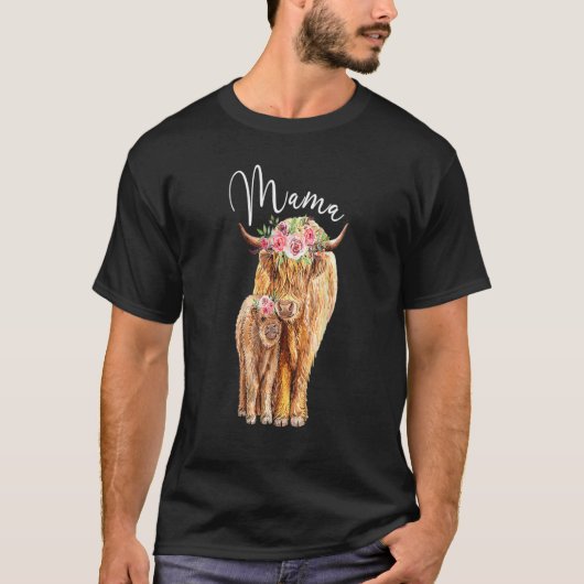 花柄のハイランド牛のママと子牛のモーバー Tシャツ (正面)