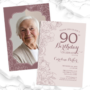 花柄のバラ色のダスティピンクの写真 90歳の誕生日パーティー 招待状