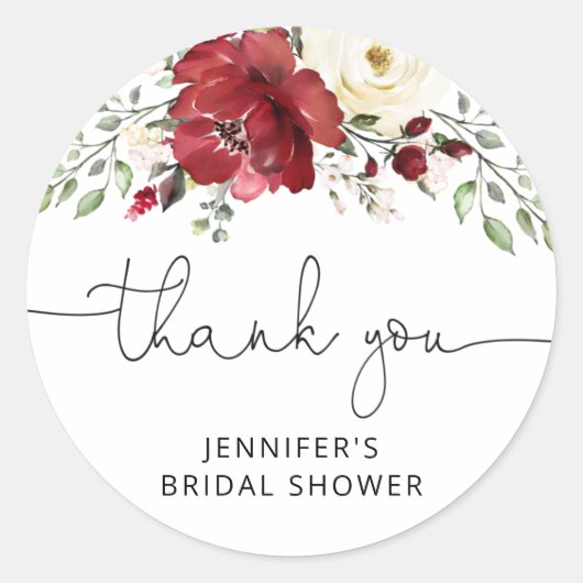 花柄のバーガンディーのブライズシャワー ラウンドシール (正面)