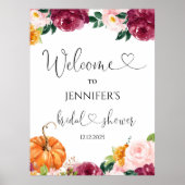 花柄のバーガンディーオータム ブライダルシャワー ウェルカムサイン ポスター (正面)
