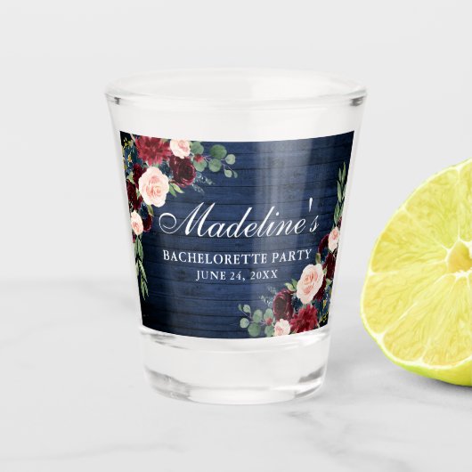 花柄のバーガンディーブルーウッド独身最後の夜 ショットグラス (正面)