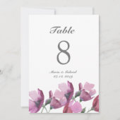 花柄のピンクとパープルの水彩 結婚式テーブルナンバー 招待状 (正面)