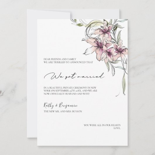 花柄のピンクのユリの発表カード - フォトカード 案内状 (正面)