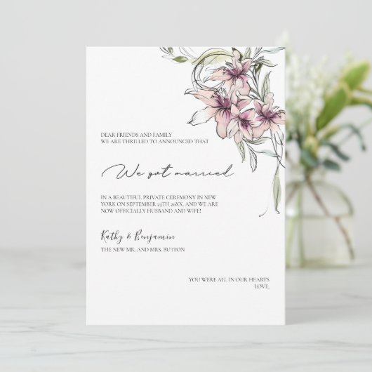 花柄のピンクのユリの発表カード - フォトカード 案内状 (スタンド正面)