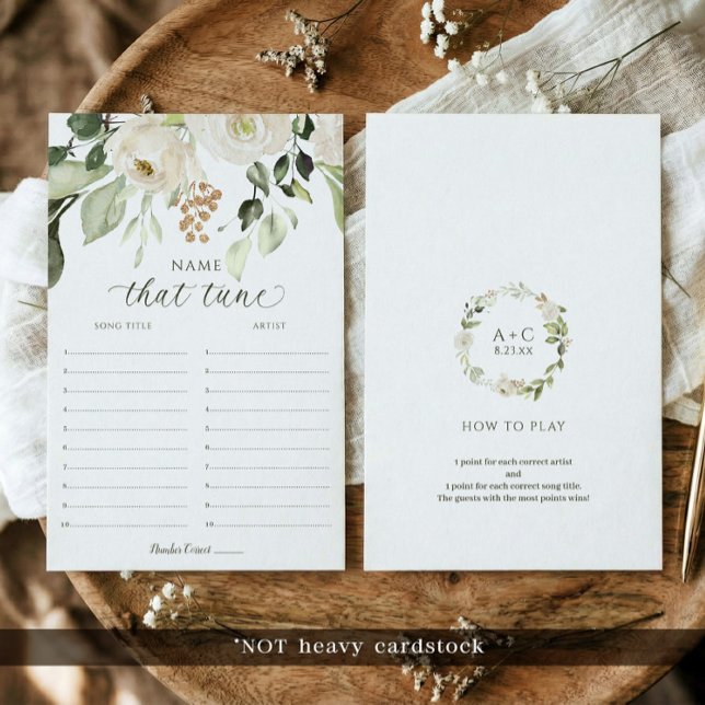 花柄のブライダルシャワーゲーム「曲名当てクイズ」 (Bridal shower name that tune game card with watercolor floral greenery botanical design)