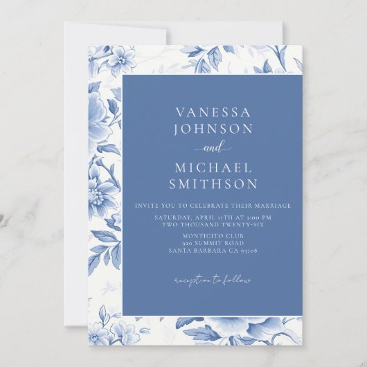 花柄のブルーとホワイトのトワルドジュー 招待状 (正面)