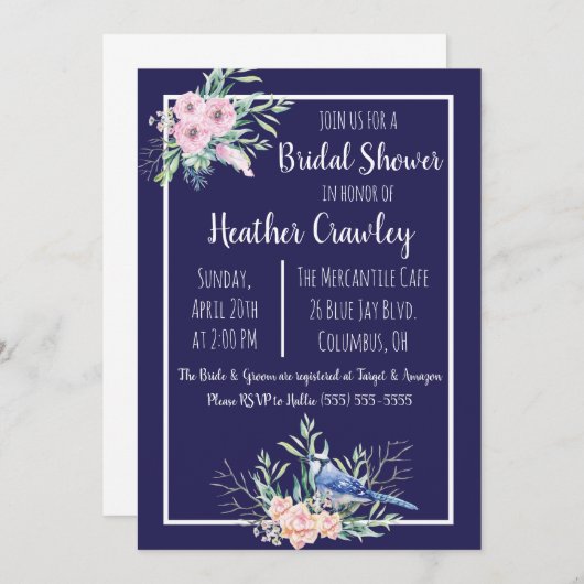 花柄のブルージェイ　ウェディングシャワーの招待状 招待状 (正面/裏面)