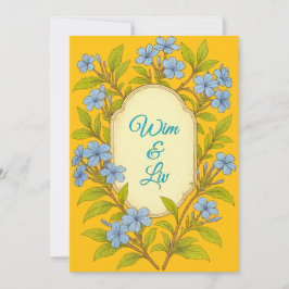 花柄のブルーリネンを使った田舎風の結婚式 招待状