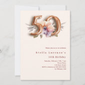 花柄のベージュゴールドピンク 50歳の誕生日 招待状 (正面)