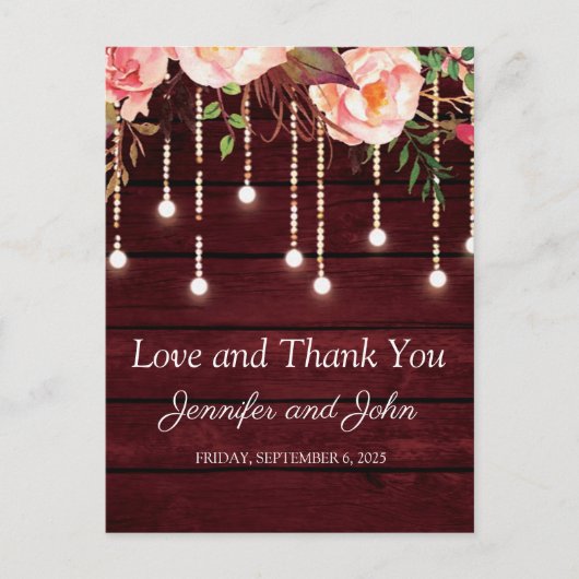花柄のマルーンバルコニー ウェディング お礼 ポストカード (正面)