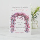 花柄のレトロなピンクとソフトグレイのウェディング招待状 招待状 (スタンド正面)