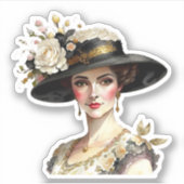 花柄のヴィンテージハットをかぶった白人の美しい女性 シール (正面)
