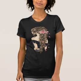 花柄の女性の肖像Tシャツ Tシャツ