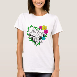 花柄の山のハートの風景自然の景色アート Tシャツ