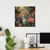 花柄の庭にいるかわいい白オレンジの猫 ポスター (ホームオフィス)