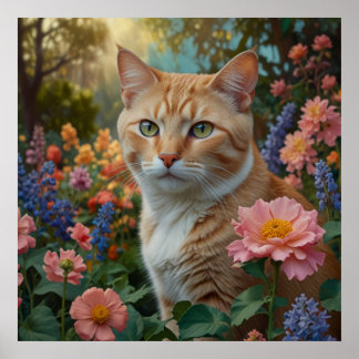 花柄の庭にいるかわいい白オレンジの猫 ポスター