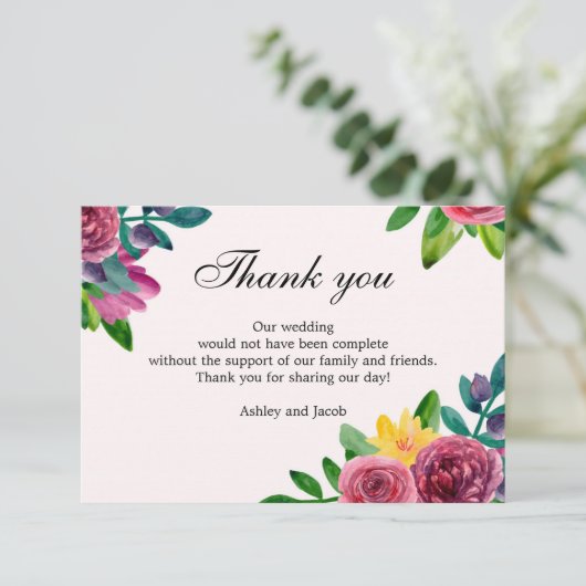 花柄の感謝を込めたメッセージ。 ウォーターカラーの花の結婚式のメモ 招待状 (スタンド正面)