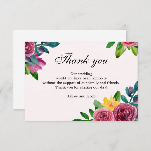 花柄の感謝を込めたメッセージ。 ウォーターカラーの花の結婚式のメモ 招待状 (正面/裏面)