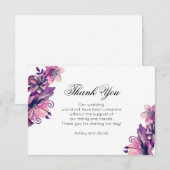 花柄の感謝を込めて。紫色の結婚式。花のメモ サンキューカード (正面/裏面)