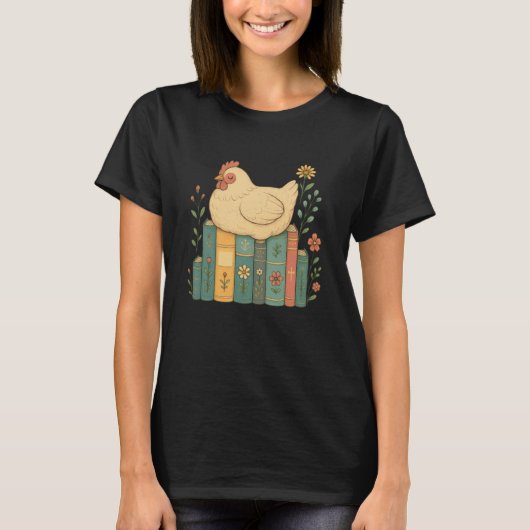 花柄の本の上の眠るニワトリ Tシャツ (正面)