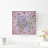 花柄の枝の動物美術のハト スクエア壁時計 (ホーム)