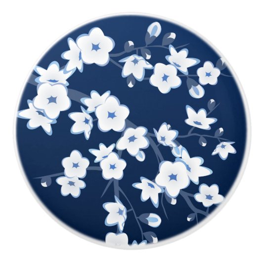 花柄の桜 ネイビーブルー 白 セラミックノブ (正面)