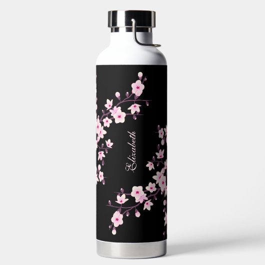 花柄の桜 | ピンク ブラック モノグラム ウォーターボトル (左面)