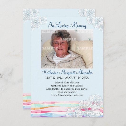 花柄の波の青い記念の通知 招待状 (正面/裏面)