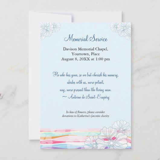 花柄の波の青い記念の通知 招待状 (裏面)