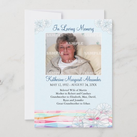 花柄の波の青い記念の通知 招待状 (正面)