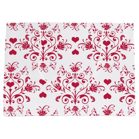 花柄の渦巻およびハートのバレンタインデーのギフトバッグ ラージペーパーバッグ (正面)