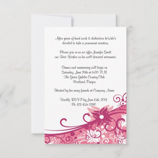 花柄の渦巻の退職のパーティの招待状 招待状 (裏面)
