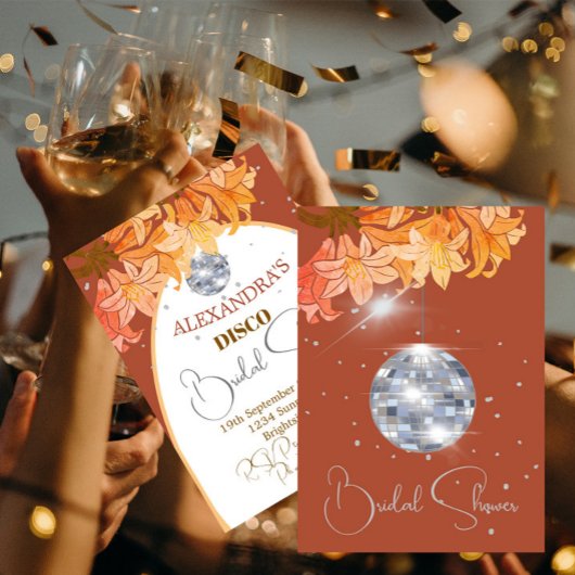 花柄の焦橙色シルバーディスコ ブライダルシャワー 招待状