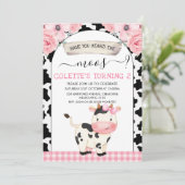 花柄の牛プリント あなたは牛の鳴き声を聞いたことがありますか? 誕生日 招待状 (スタンド正面)