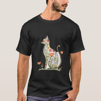 花柄の猫のシルエット Tシャツ