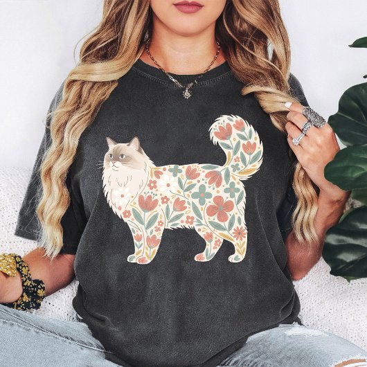 花柄の猫のデザイン かわいいラグドール キティ アート Tシャツ