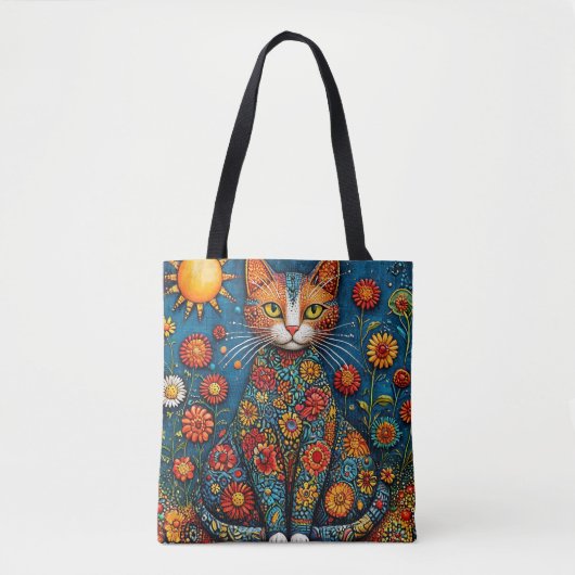 花柄の猫のボディが花に囲まれたデザイン 🌸 トートバッグ (正面)