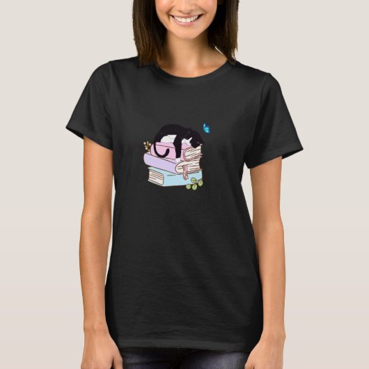 花柄の猫ママ読書好きTシャツ Tシャツ (正面)