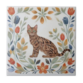 花柄の猫 - ベンガル 猫 カラフル フォークアート フラワー タイル