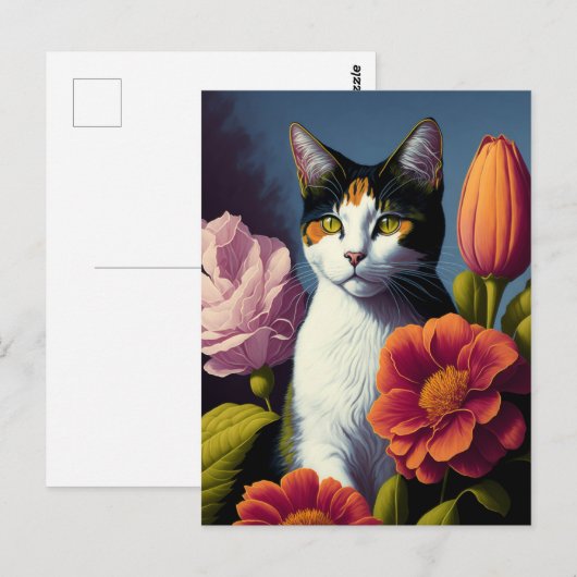 花柄の猫 ポストカード (正面/裏面)