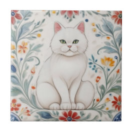 花柄の猫 - 白猫とカラフルなフォークアートの花 タイル