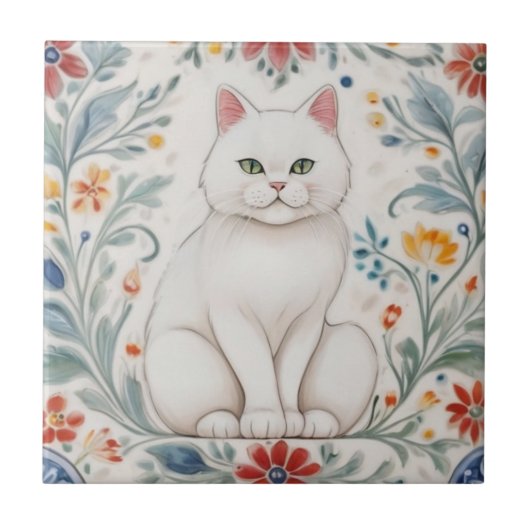 花柄の猫 - 白猫とカラフルなフォークアートの花 タイル (正面)