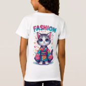 花柄の着物を着たかわいい猫のファッションお祝い Tシャツ (裏面)