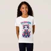 花柄の着物を着たかわいい猫のファッションお祝い Tシャツ (正面フル)