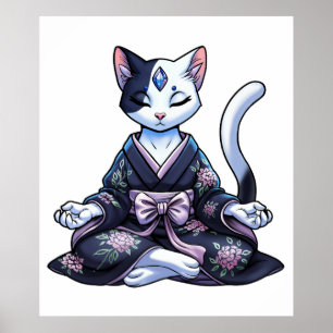 花柄の着物を着た神秘的な瞑想猫 ポスター
