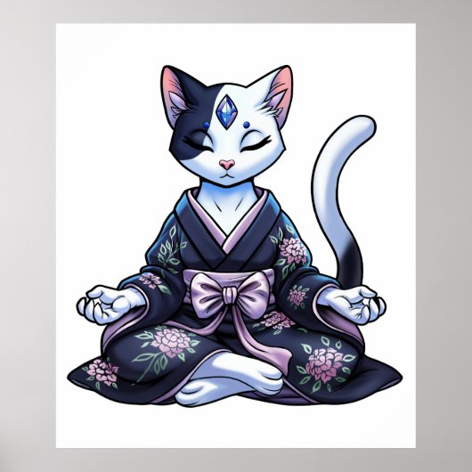 花柄の着物を着た神秘的な瞑想猫 ポスター (正面)