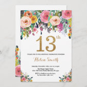 花柄の第13誕生日の招待状の金ゴールドのグリッター 招待状 (正面/裏面)